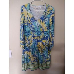 Cappagallo Tropical Leaf Print V Neck Long‎ Sleeve Tunic Dress Women's Medium
